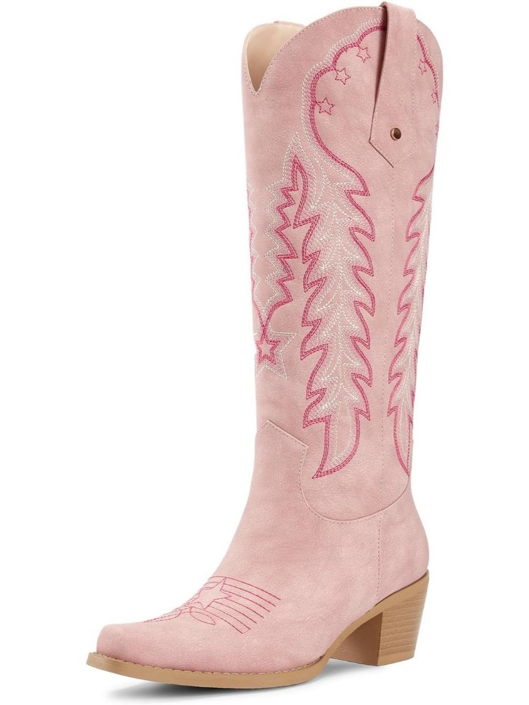 Women's Knee High Cowgirl Boots Pink Embroidered Chunky Heels Pointed Toe